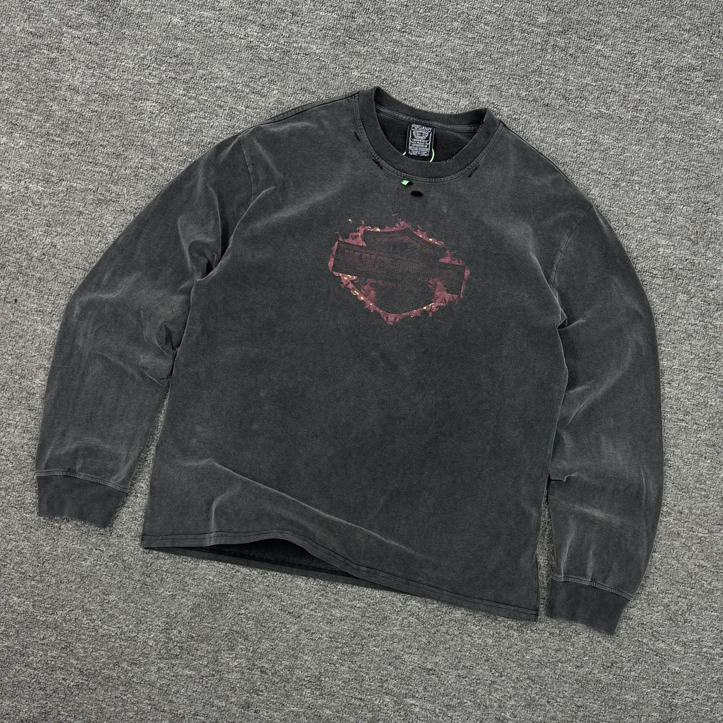 P158 # CTS-37 SAINT “Harley Harley Red Flame Limited Edition” L/S Shirt 25AW Autumn and Winter Heavy Spray Horse Assute Wash Gradient Distressing Multi-position Complex Handmade Destruction Long-sleeved T-shirt Size: S M L XL